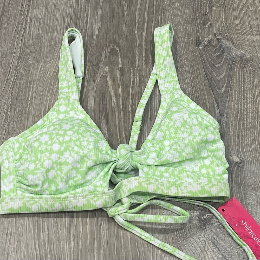 New Xhilaration Green White Floral D/DD Bikini Top A33